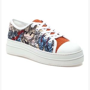 J Slides Nikki Platform Sneakers Orange Blue Embroidered Tropical Design Women 7